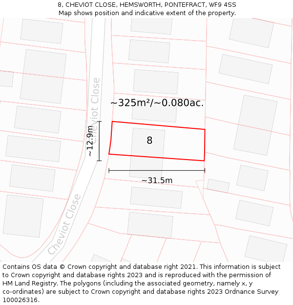 8, CHEVIOT CLOSE, HEMSWORTH, PONTEFRACT, WF9 4SS: Plot and title map