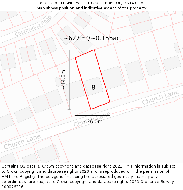 8, CHURCH LANE, WHITCHURCH, BRISTOL, BS14 0HA: Plot and title map