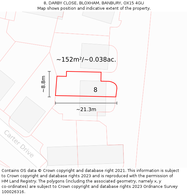 8, DARBY CLOSE, BLOXHAM, BANBURY, OX15 4GU: Plot and title map