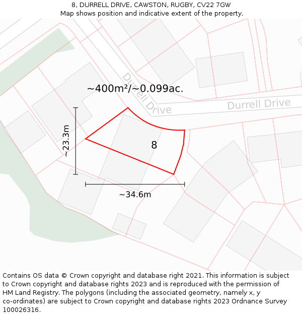8, DURRELL DRIVE, CAWSTON, RUGBY, CV22 7GW: Plot and title map