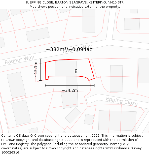 8, EPPING CLOSE, BARTON SEAGRAVE, KETTERING, NN15 6TR: Plot and title map