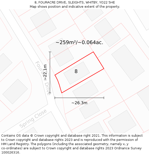 8, FOURACRE DRIVE, SLEIGHTS, WHITBY, YO22 5HE: Plot and title map