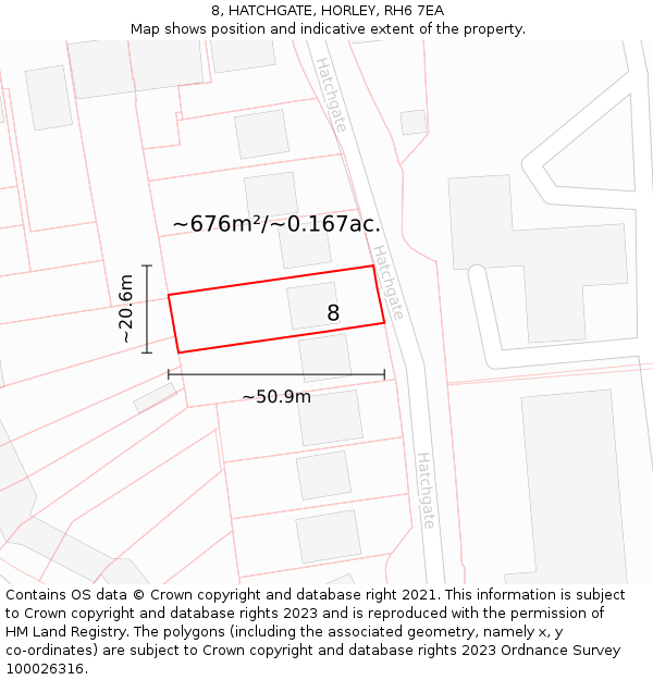 8, HATCHGATE, HORLEY, RH6 7EA: Plot and title map