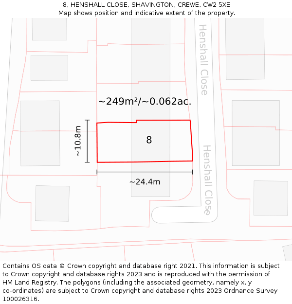 8, HENSHALL CLOSE, SHAVINGTON, CREWE, CW2 5XE: Plot and title map