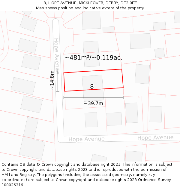 8, HOPE AVENUE, MICKLEOVER, DERBY, DE3 0FZ: Plot and title map