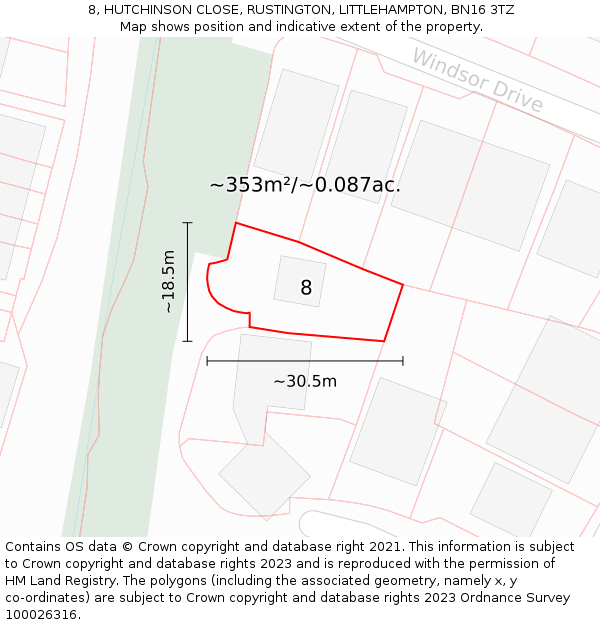 8, HUTCHINSON CLOSE, RUSTINGTON, LITTLEHAMPTON, BN16 3TZ: Plot and title map