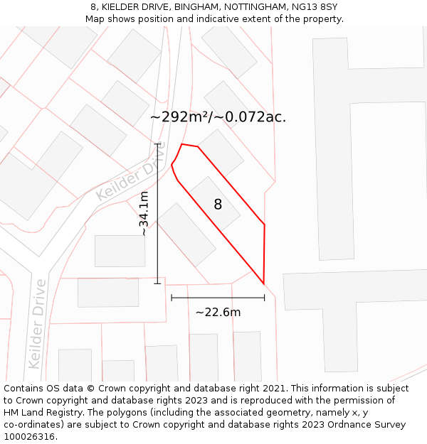8, KIELDER DRIVE, BINGHAM, NOTTINGHAM, NG13 8SY: Plot and title map