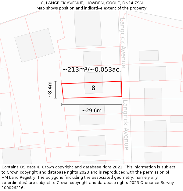 8, LANGRICK AVENUE, HOWDEN, GOOLE, DN14 7SN: Plot and title map
