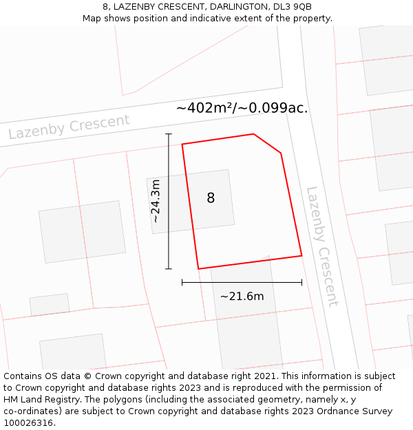8, LAZENBY CRESCENT, DARLINGTON, DL3 9QB: Plot and title map