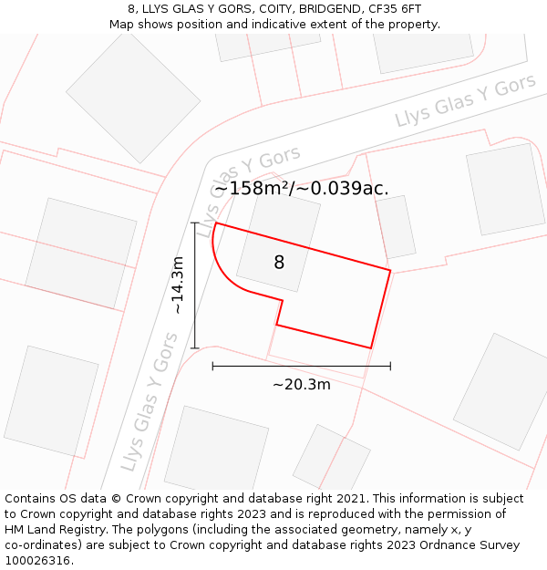8, LLYS GLAS Y GORS, COITY, BRIDGEND, CF35 6FT: Plot and title map