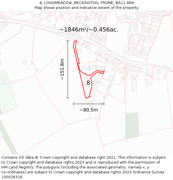 8, LONGMEADOW, BECKINGTON, FROME, BA11 6BA: Plot and title map