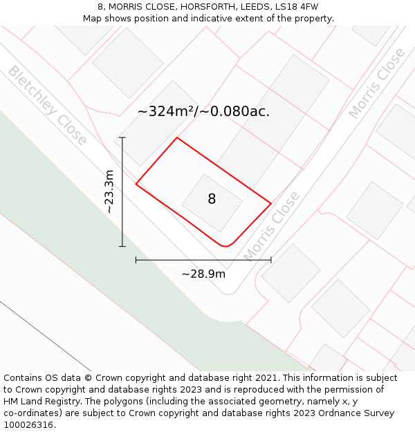 8, MORRIS CLOSE, HORSFORTH, LEEDS, LS18 4FW: Plot and title map
