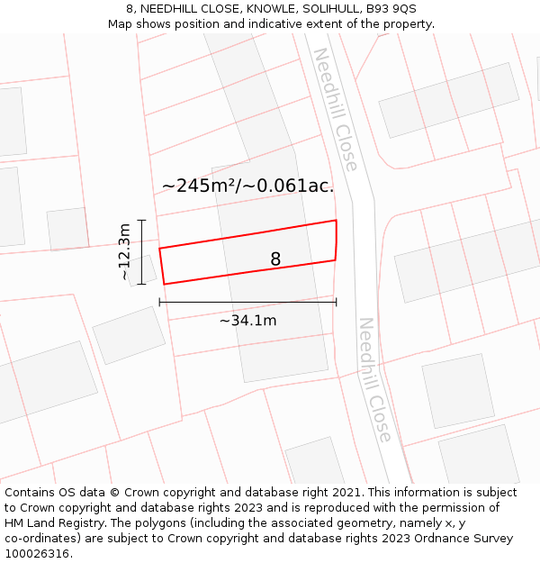 8, NEEDHILL CLOSE, KNOWLE, SOLIHULL, B93 9QS: Plot and title map