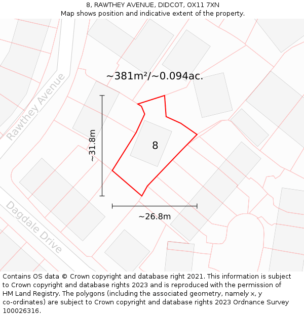 8, RAWTHEY AVENUE, DIDCOT, OX11 7XN: Plot and title map