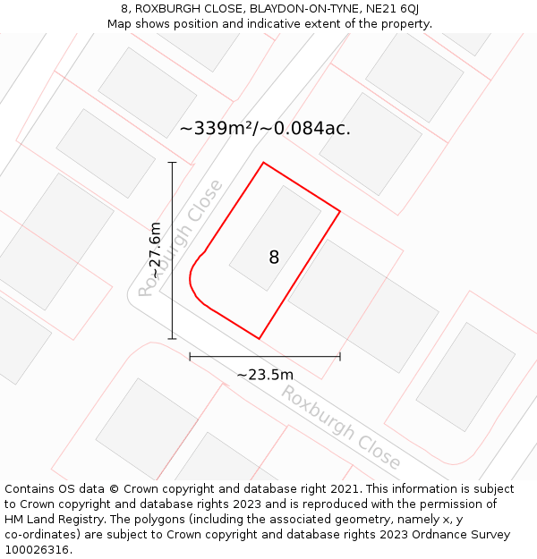 8, ROXBURGH CLOSE, BLAYDON-ON-TYNE, NE21 6QJ: Plot and title map