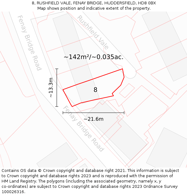 8, RUSHFIELD VALE, FENAY BRIDGE, HUDDERSFIELD, HD8 0BX: Plot and title map