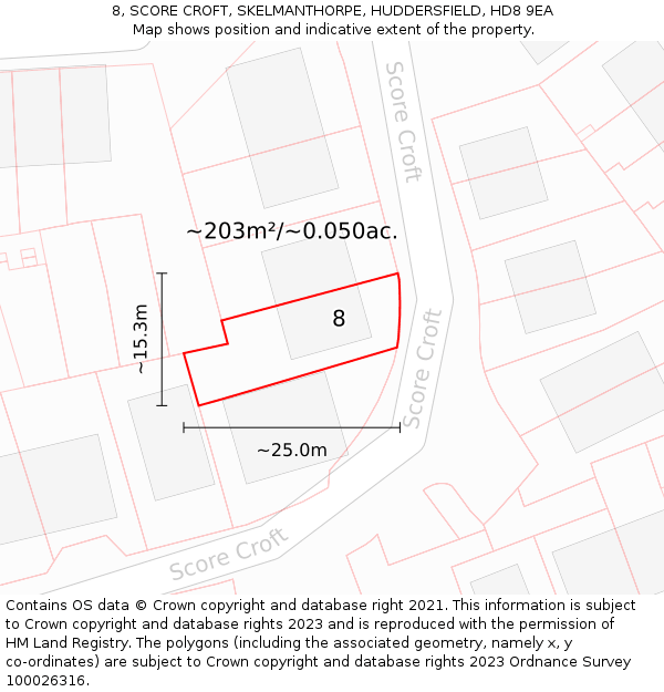8, SCORE CROFT, SKELMANTHORPE, HUDDERSFIELD, HD8 9EA: Plot and title map