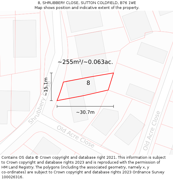 8, SHRUBBERY CLOSE, SUTTON COLDFIELD, B76 1WE: Plot and title map
