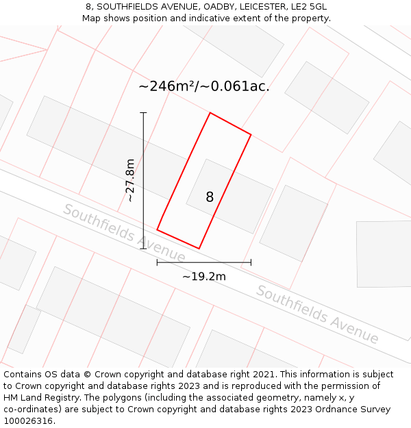 8, SOUTHFIELDS AVENUE, OADBY, LEICESTER, LE2 5GL: Plot and title map