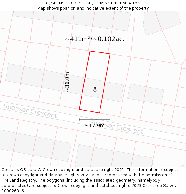 8, SPENSER CRESCENT, UPMINSTER, RM14 1AN: Plot and title map