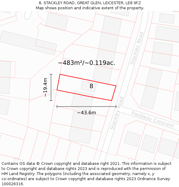 8, STACKLEY ROAD, GREAT GLEN, LEICESTER, LE8 9FZ: Plot and title map