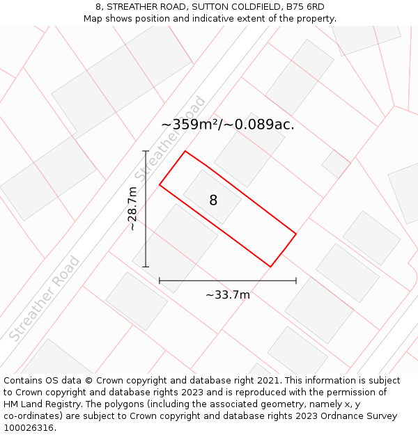 8, STREATHER ROAD, SUTTON COLDFIELD, B75 6RD: Plot and title map