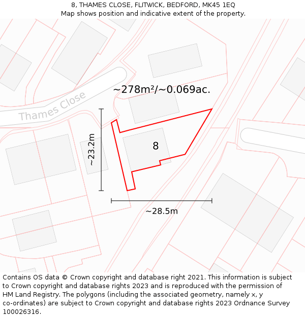 8, THAMES CLOSE, FLITWICK, BEDFORD, MK45 1EQ: Plot and title map