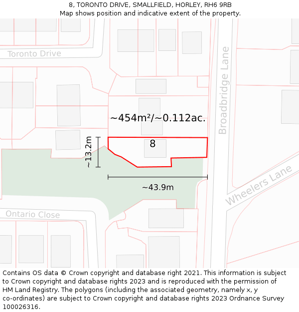 8, TORONTO DRIVE, SMALLFIELD, HORLEY, RH6 9RB: Plot and title map