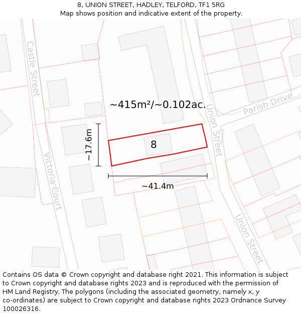 8, UNION STREET, HADLEY, TELFORD, TF1 5RG: Plot and title map