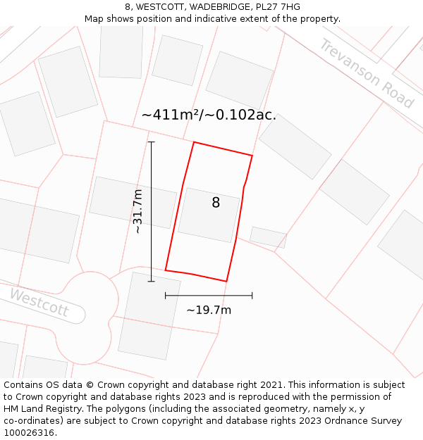 8, WESTCOTT, WADEBRIDGE, PL27 7HG: Plot and title map