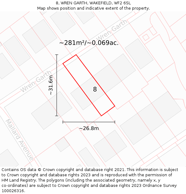 8, WREN GARTH, WAKEFIELD, WF2 6SL: Plot and title map