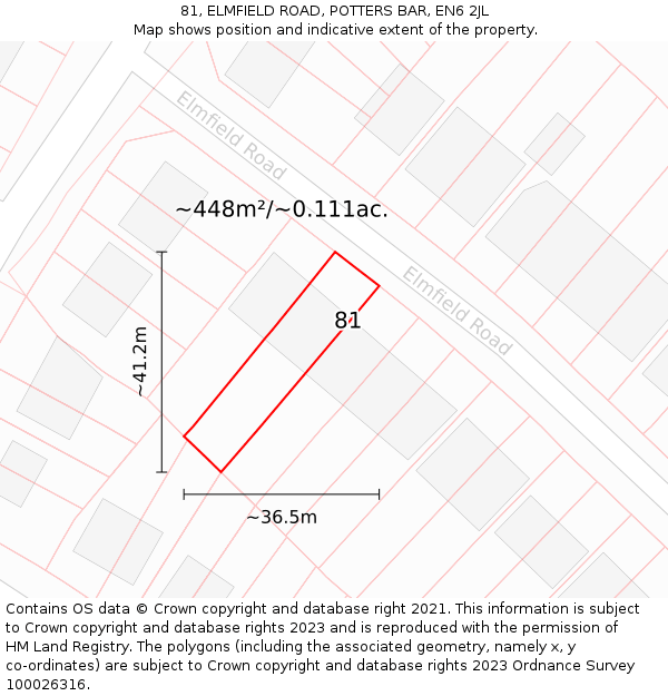 81, ELMFIELD ROAD, POTTERS BAR, EN6 2JL: Plot and title map