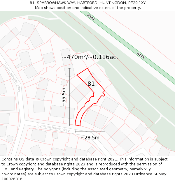 81, SPARROWHAWK WAY, HARTFORD, HUNTINGDON, PE29 1XY: Plot and title map