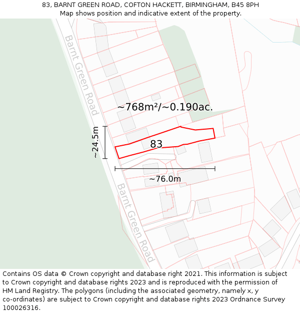83, BARNT GREEN ROAD, COFTON HACKETT, BIRMINGHAM, B45 8PH: Plot and title map