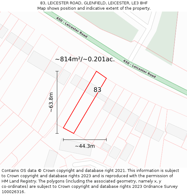 83, LEICESTER ROAD, GLENFIELD, LEICESTER, LE3 8HF: Plot and title map