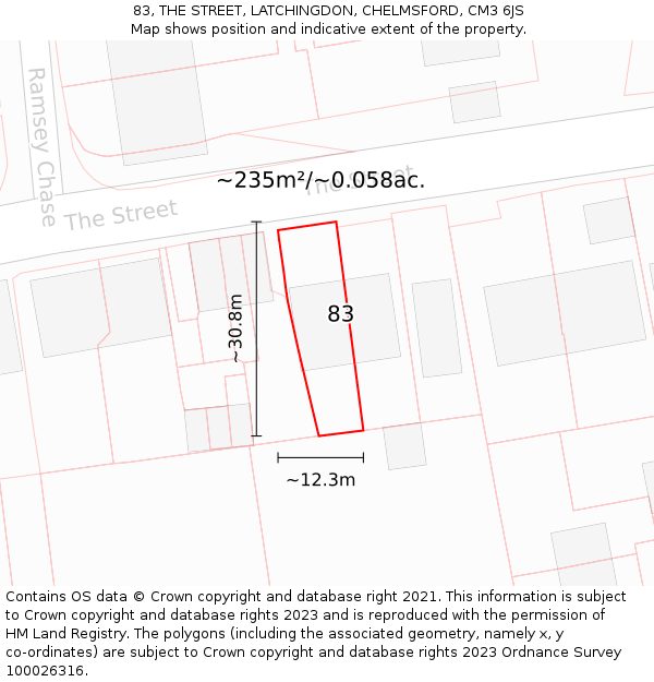 83, THE STREET, LATCHINGDON, CHELMSFORD, CM3 6JS: Plot and title map