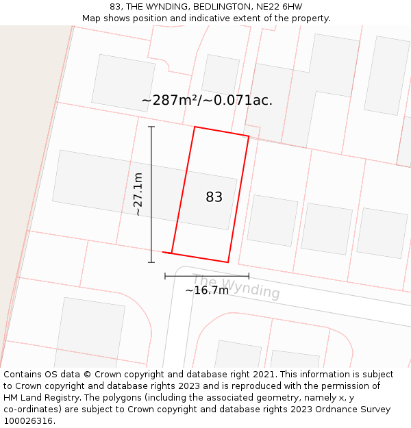 83, THE WYNDING, BEDLINGTON, NE22 6HW: Plot and title map