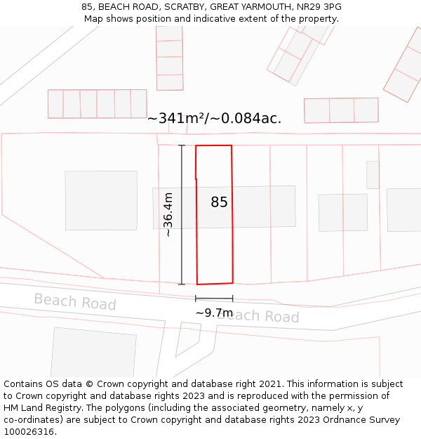 85, BEACH ROAD, SCRATBY, GREAT YARMOUTH, NR29 3PG: Plot and title map