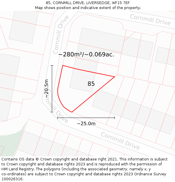85, CORNMILL DRIVE, LIVERSEDGE, WF15 7EF: Plot and title map