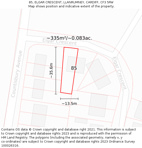 85, ELGAR CRESCENT, LLANRUMNEY, CARDIFF, CF3 5RW: Plot and title map