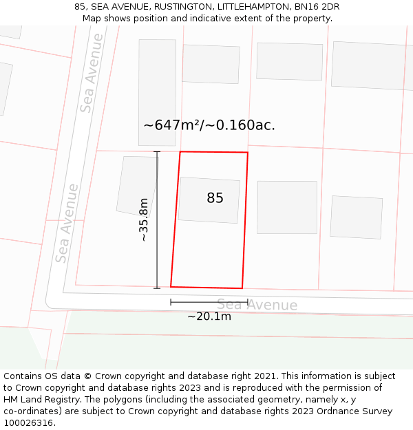 85, SEA AVENUE, RUSTINGTON, LITTLEHAMPTON, BN16 2DR: Plot and title map