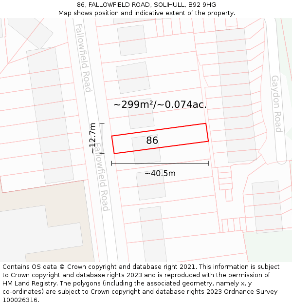 86, FALLOWFIELD ROAD, SOLIHULL, B92 9HG: Plot and title map