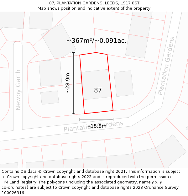 87, PLANTATION GARDENS, LEEDS, LS17 8ST: Plot and title map
