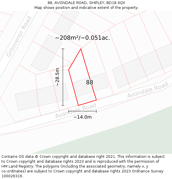 88, AVONDALE ROAD, SHIPLEY, BD18 4QX: Plot and title map