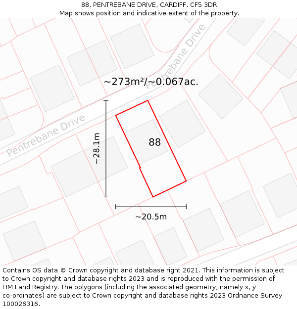 88, PENTREBANE DRIVE, CARDIFF, CF5 3DR: Plot and title map