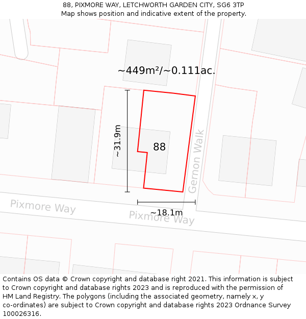 88, PIXMORE WAY, LETCHWORTH GARDEN CITY, SG6 3TP: Plot and title map