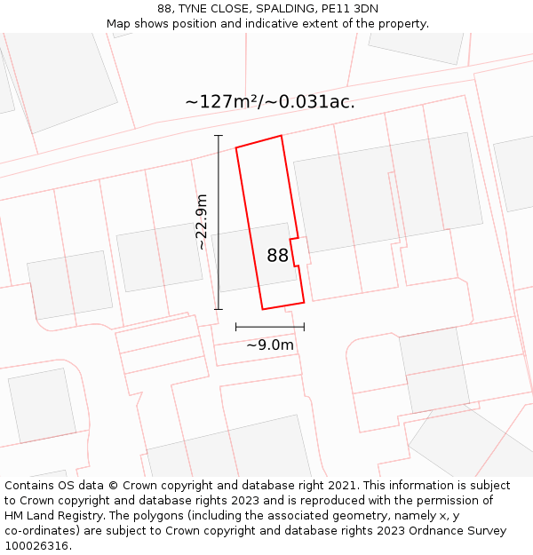 88, TYNE CLOSE, SPALDING, PE11 3DN: Plot and title map