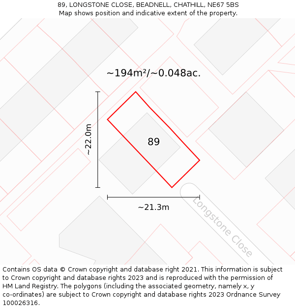 89, LONGSTONE CLOSE, BEADNELL, CHATHILL, NE67 5BS: Plot and title map