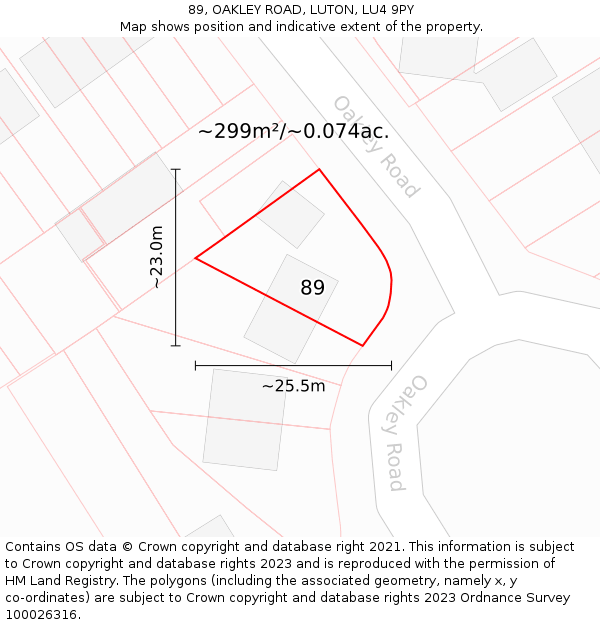 89, OAKLEY ROAD, LUTON, LU4 9PY: Plot and title map