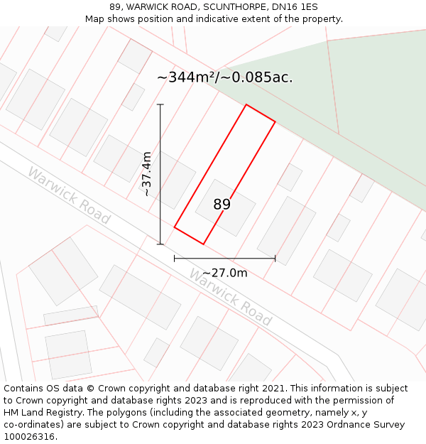 89, WARWICK ROAD, SCUNTHORPE, DN16 1ES: Plot and title map